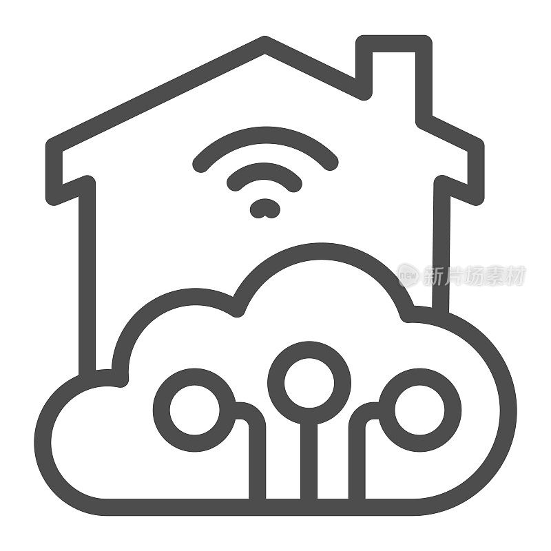Wifi房屋和云连接线图标，智能家居概念，技术矢量标志的白色背景，轮廓风格的Wi - fi远程控制图标的移动和web。矢量图形。